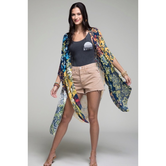 SOLD OUT Laguna Intricate Floral Tile Patchwork Print Kimono Wrap Open Boho - Picture 3 of 5